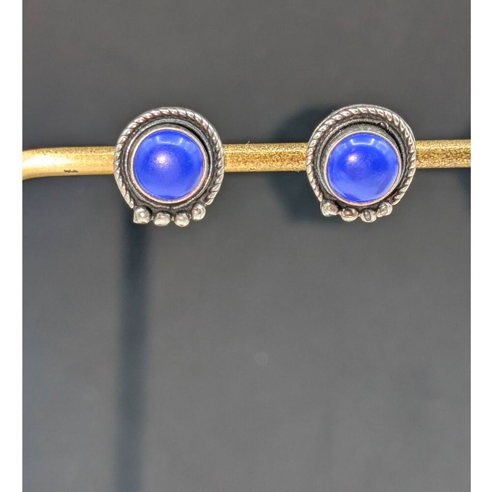 Vintage 925 Sterling Silver Lapis Lazuli Round Beaded Post Earrings